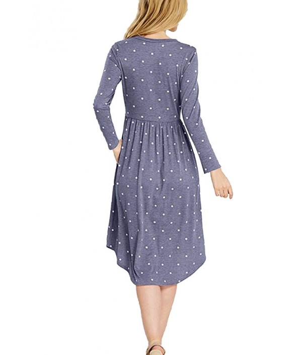 Women Long Sleeve Pleated Polka Dot Pocket Swing Casual Midi Dress Women Long Sleeve Pleated Polka Dot Pocket Swing Casual Midi Dress