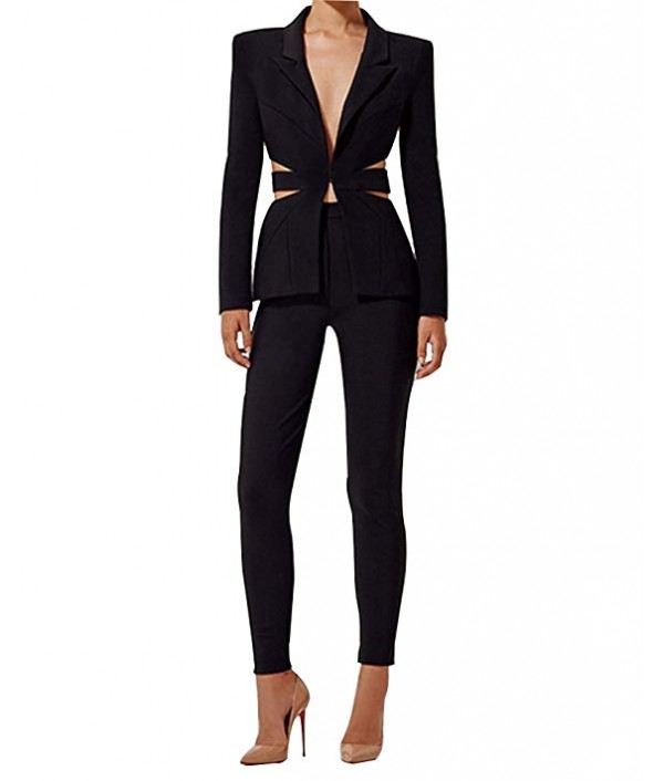Women's Cut Out 2 Pieces Slim Fit Blazer Jacket Pants Suit Set